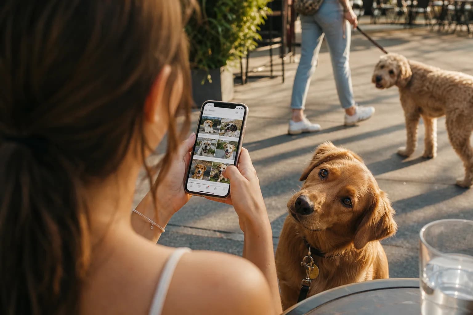 A woman at an outdoor cafe scrolling a feed of dog photos on her phone while her dog gazes up at the screen, mesmerized, and another dog walking by looks over.