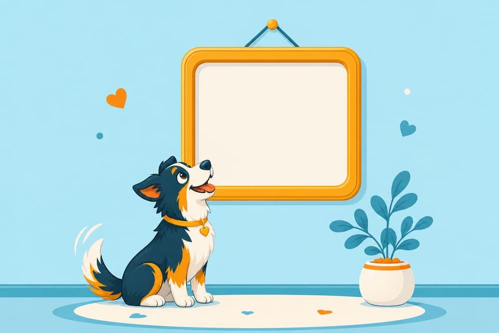A hopeful puppy looking up at an empty picture frame, waiting to be the first in the feed.