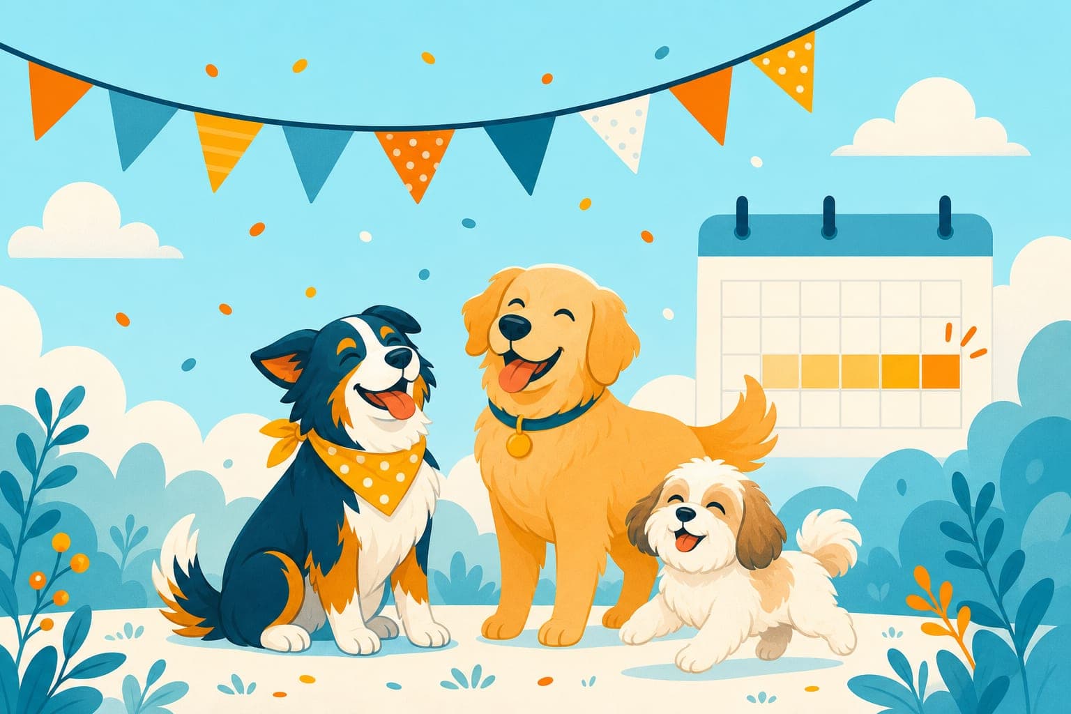 Three happy dogs celebrating together under festive bunting beside a calendar with one week highlighted.